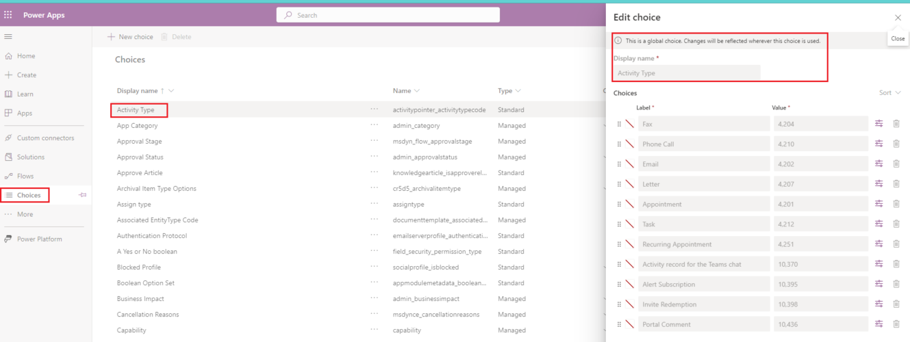 PowerApps: Dataverse Global Choice vs Local Choice Field